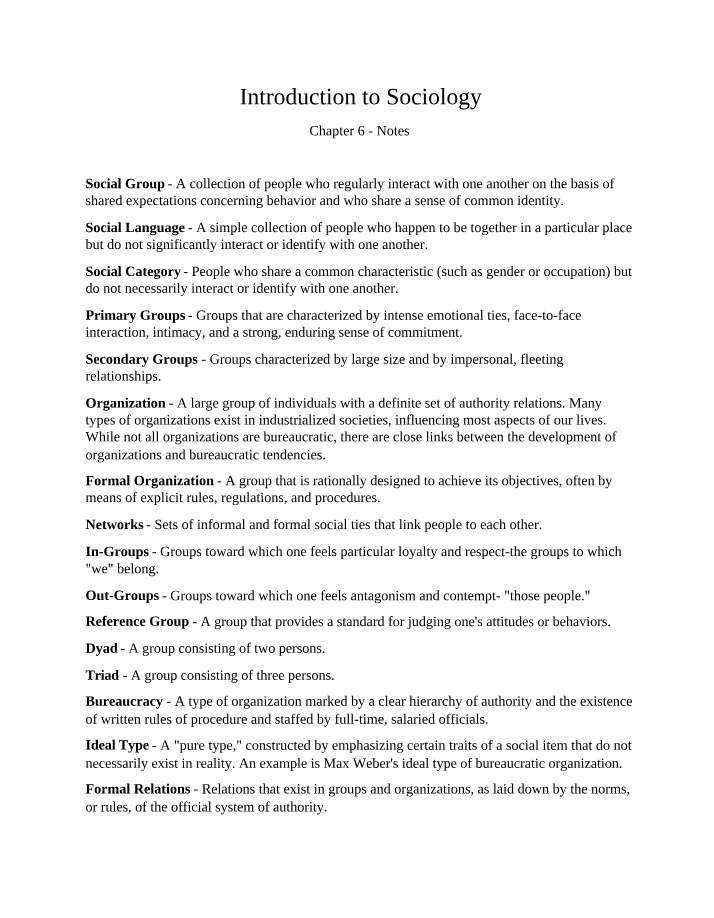 Chapter 6 Notes for Sociology
