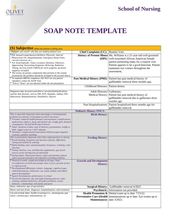 SOAP Note Template for Routine Visit - Patient History and Medical