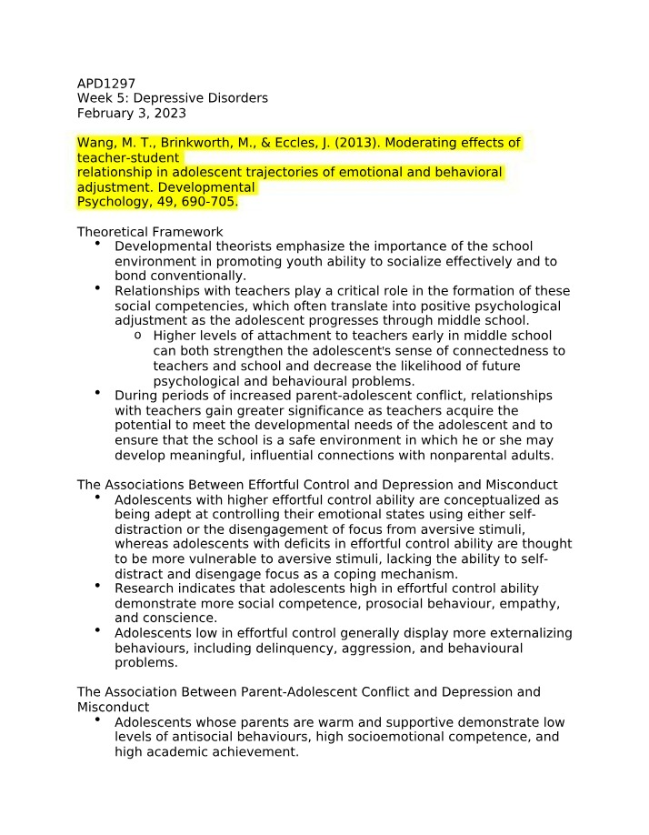 Impact of Teacher-Student Relationships on Adolescent Adjustment and Mental Health