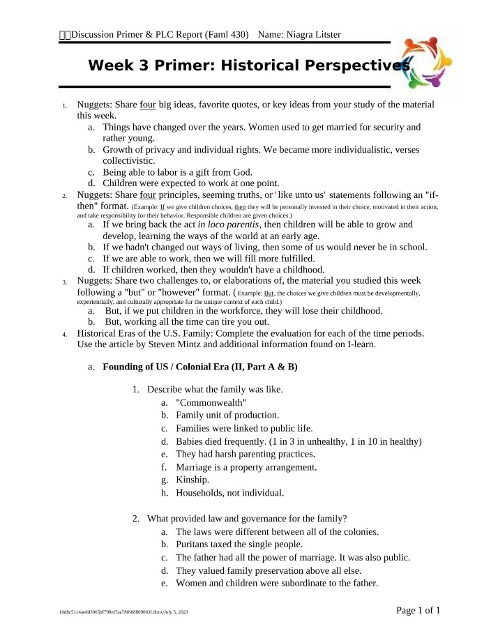 Historical Perspectives - FAML430 Discussion Primer