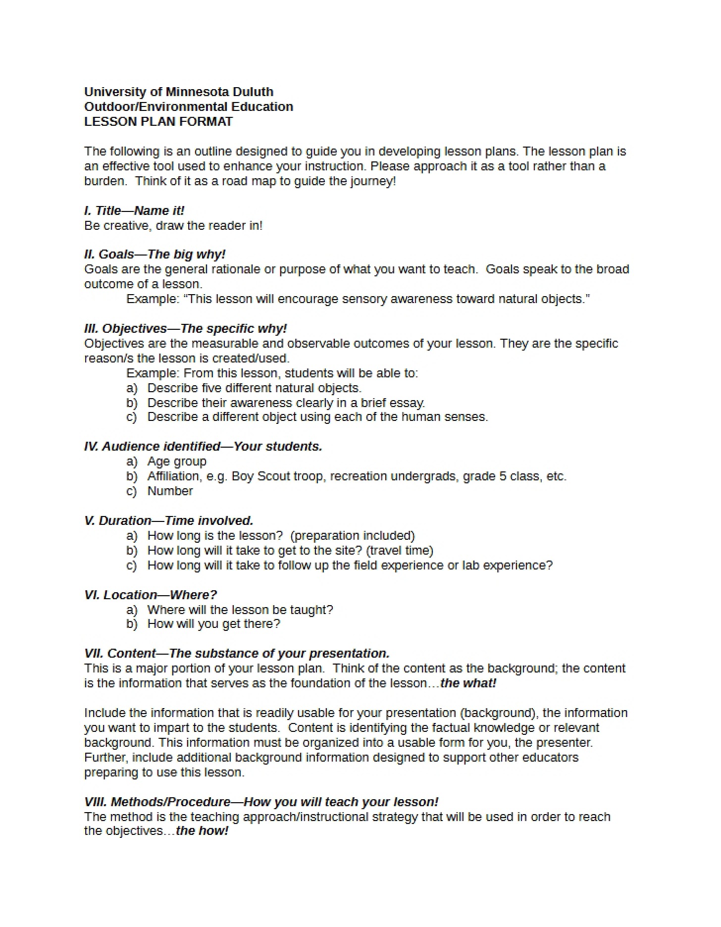 Format for Lesson Plans