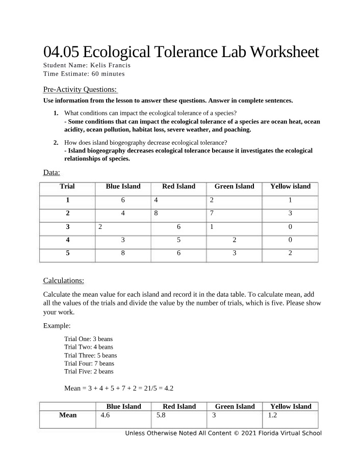 Worksheet for Ecological Tolerance Lab