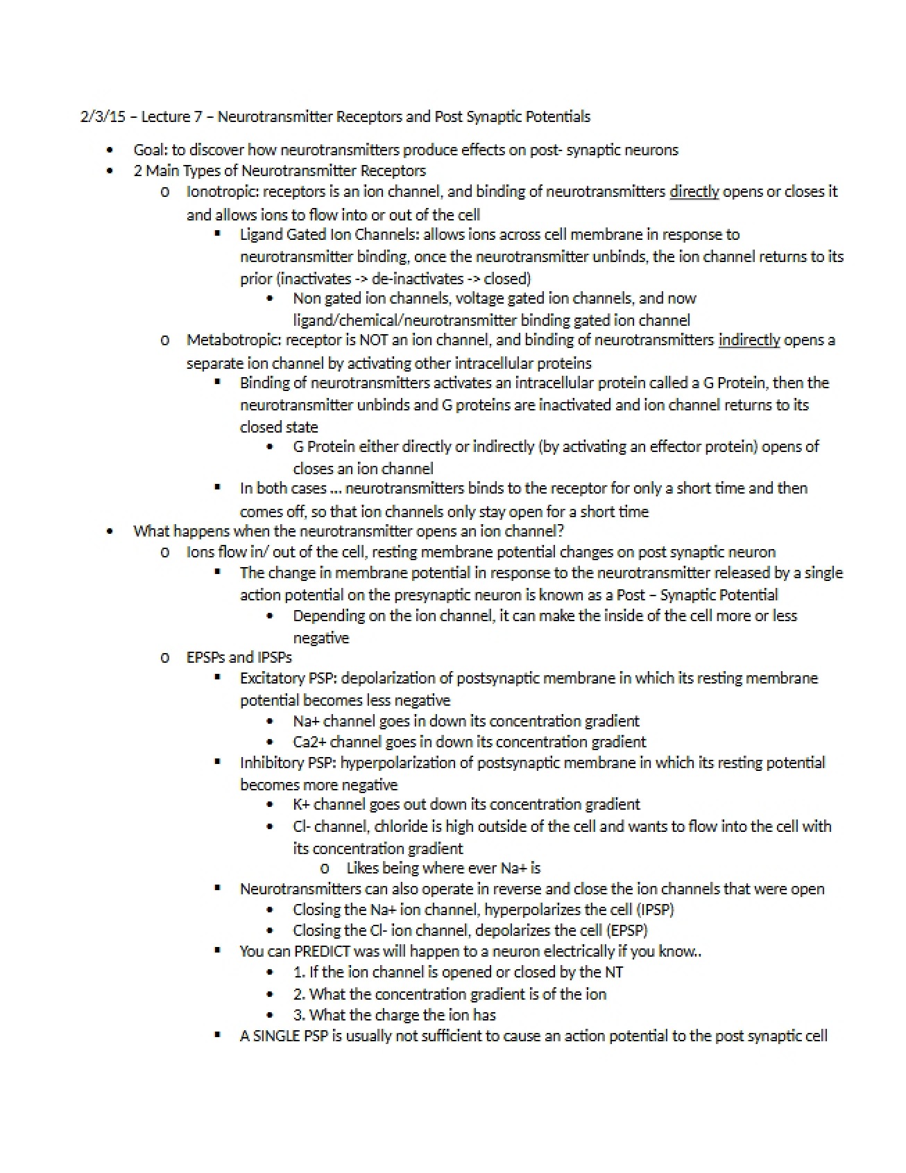 Seventh Lecture Notes for Biological Psychology