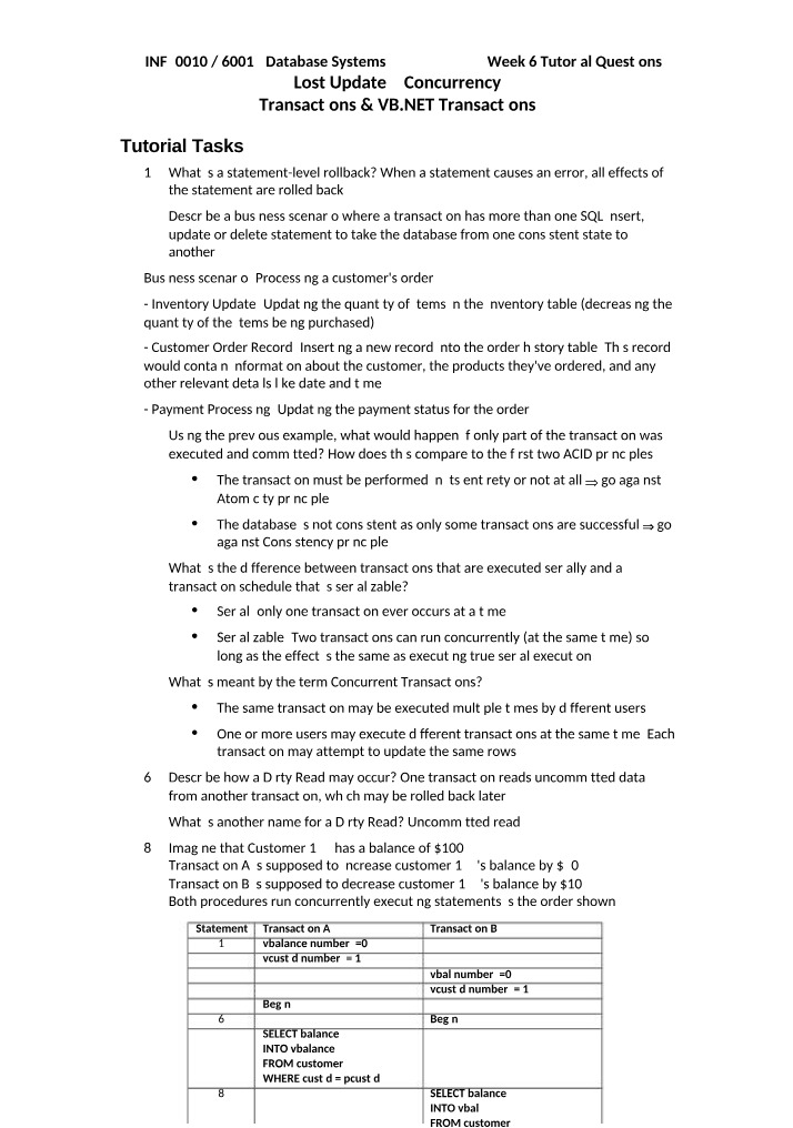 Week 6 Tutorial Questions - Lost Update Concurrency and VB.NET Transactions