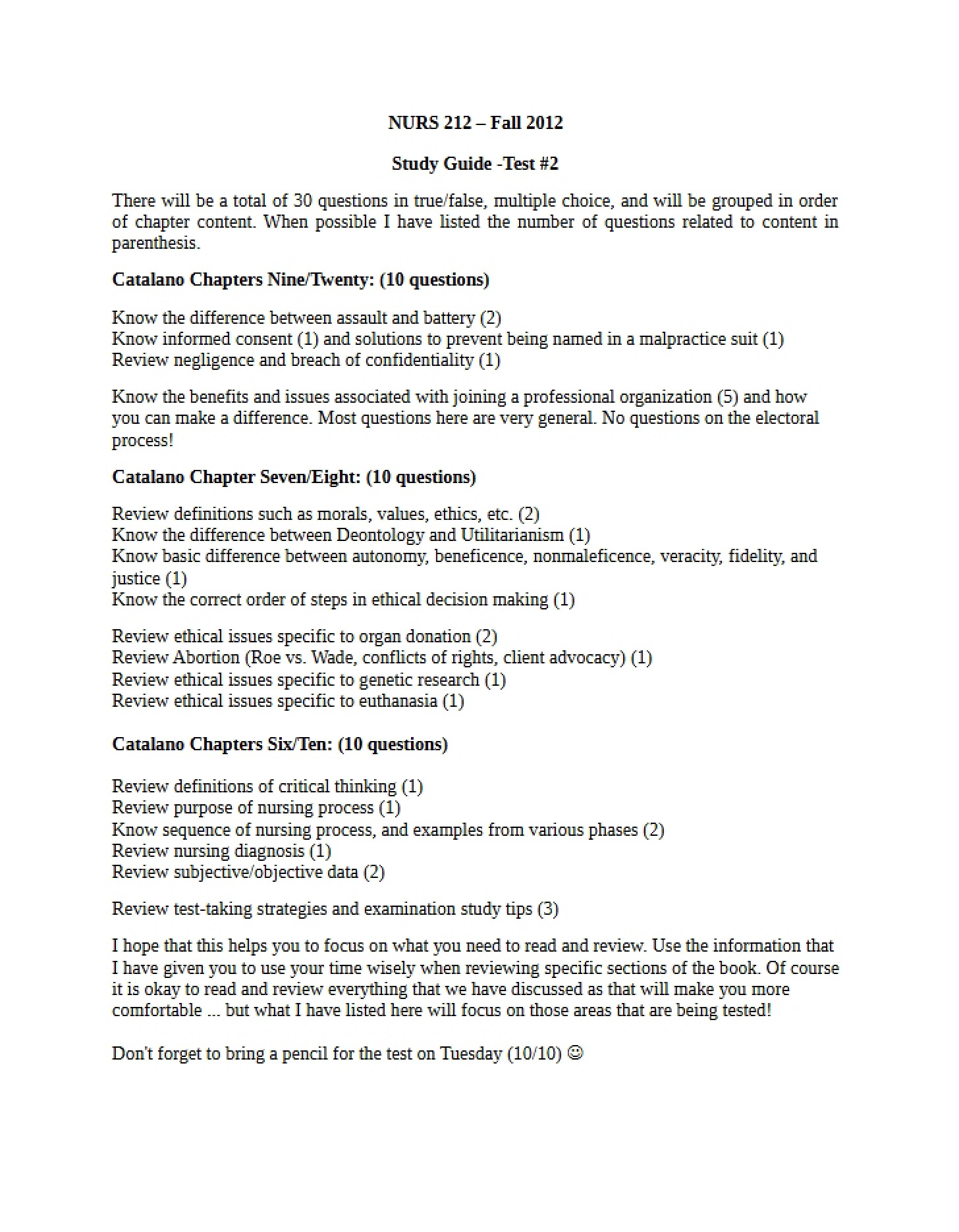 Fall 2012 Study Guide for Test #2 (NURS 212)
