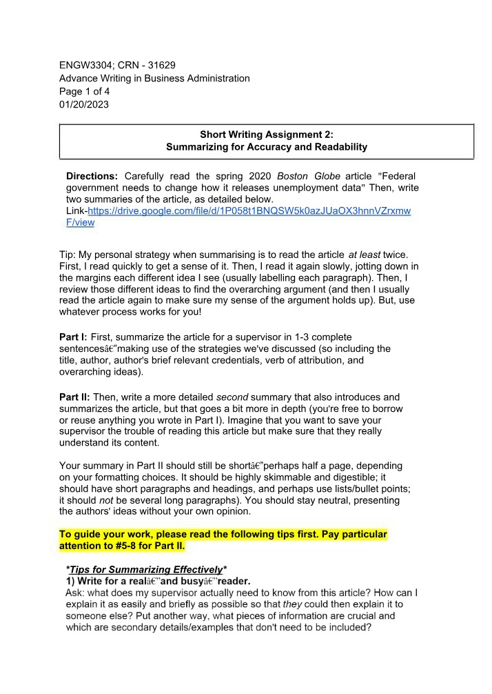 Writing Assignment - Summarizing for Accuracy and Readability