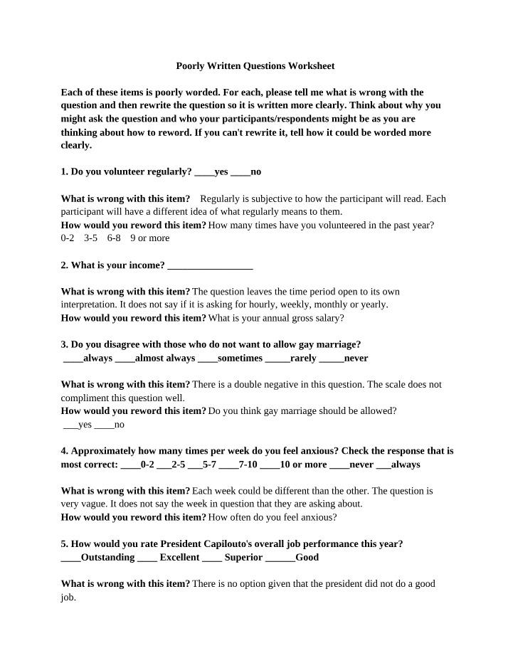 Worksheet on Poorly Written Questions