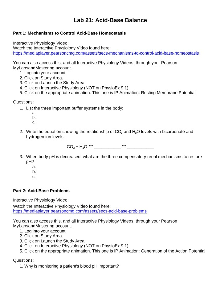 Renal Labs, Buffer Systems, and Acid-Base Balance Mechanisms