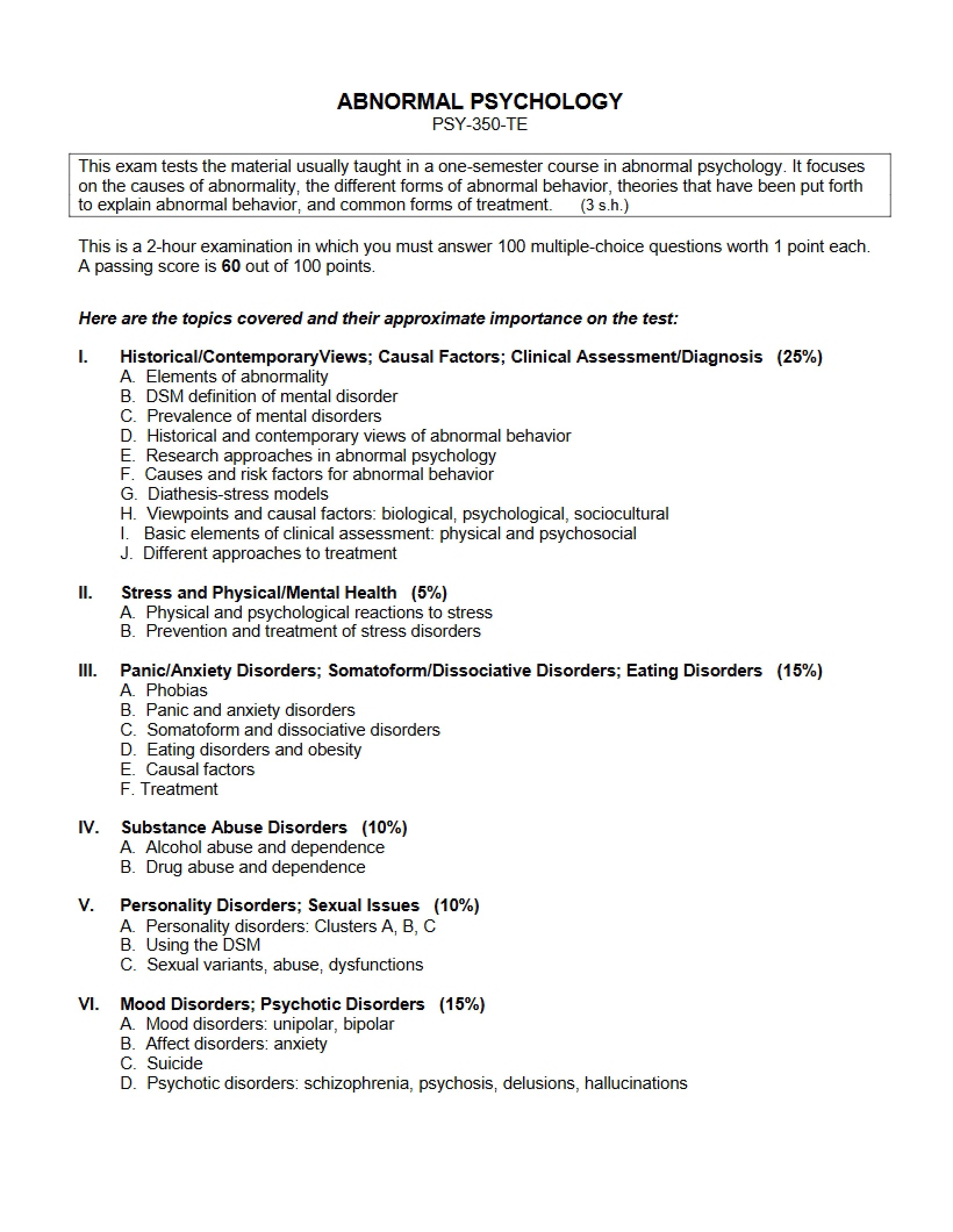 Abnormal Psychology Exam Topics