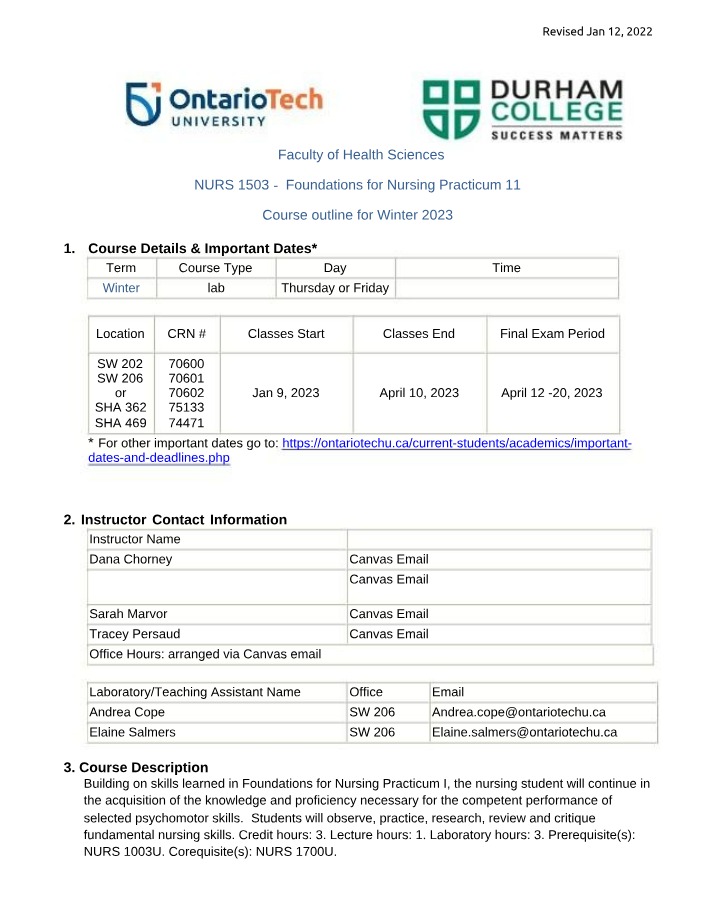 Winter 2023 Course Outline - Foundations for Nursing Practicum 11