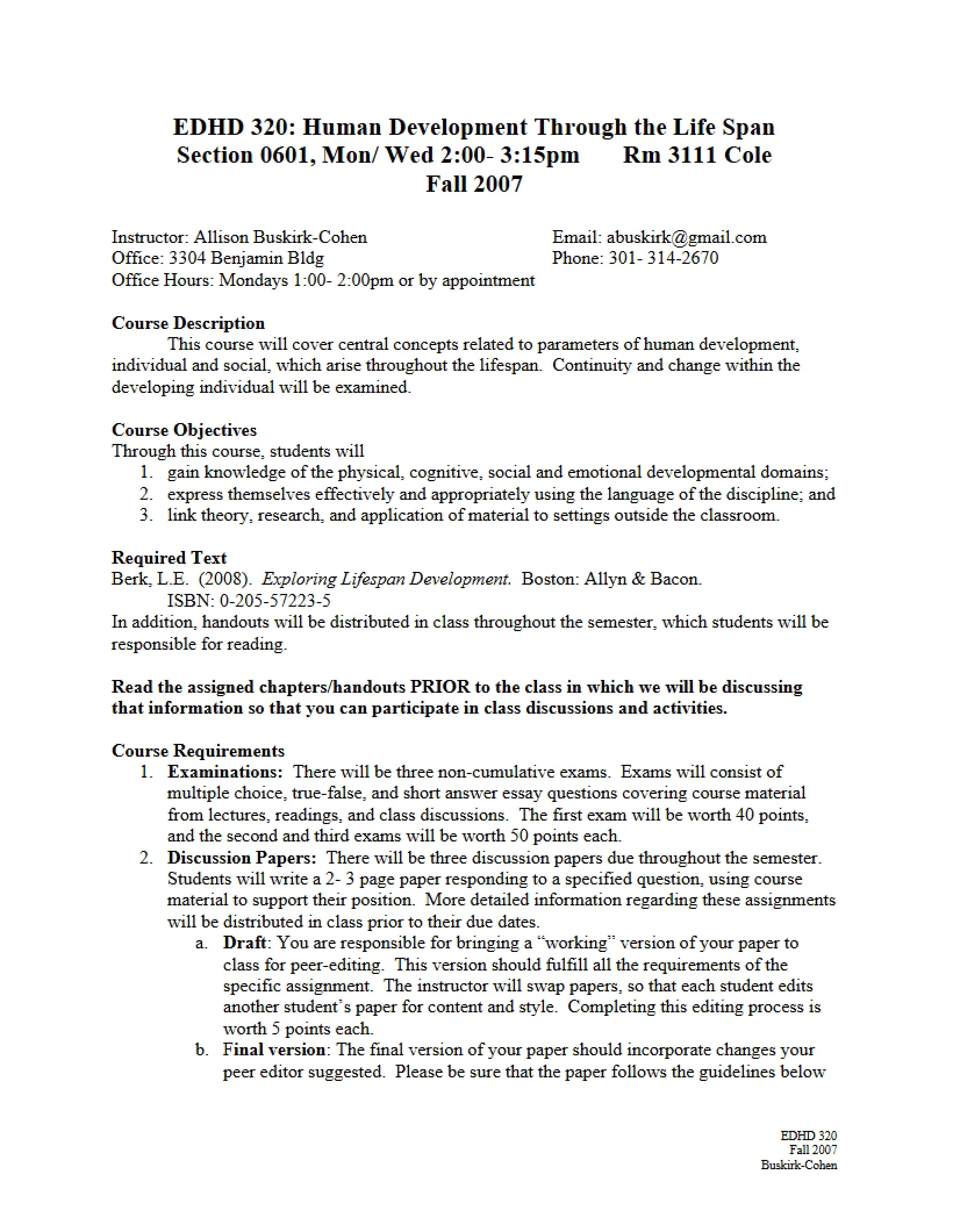 Lifespan Development Syllabus