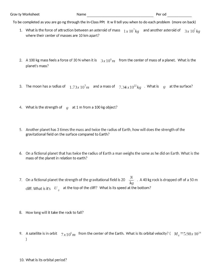 Worksheet on Gravity