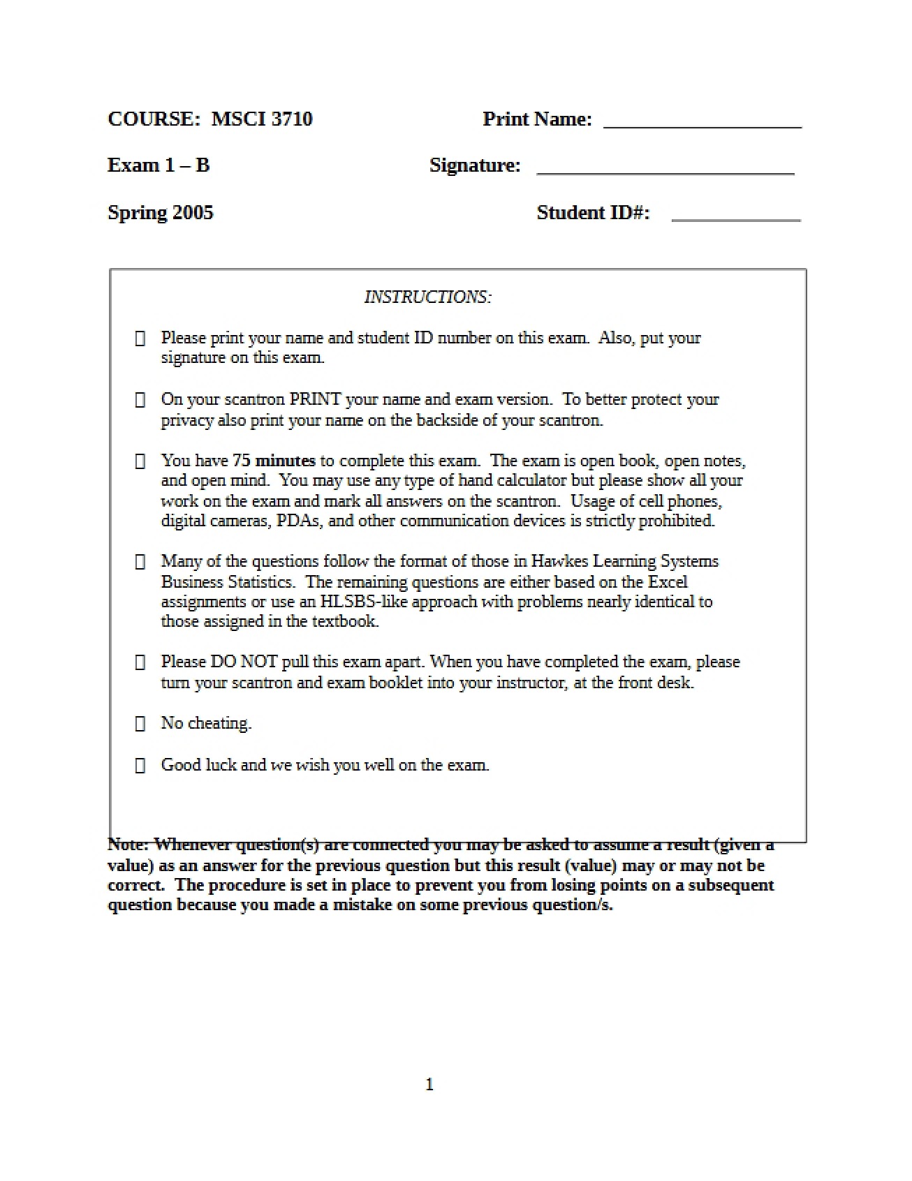 Spring 2005 Exam 1B Version 1