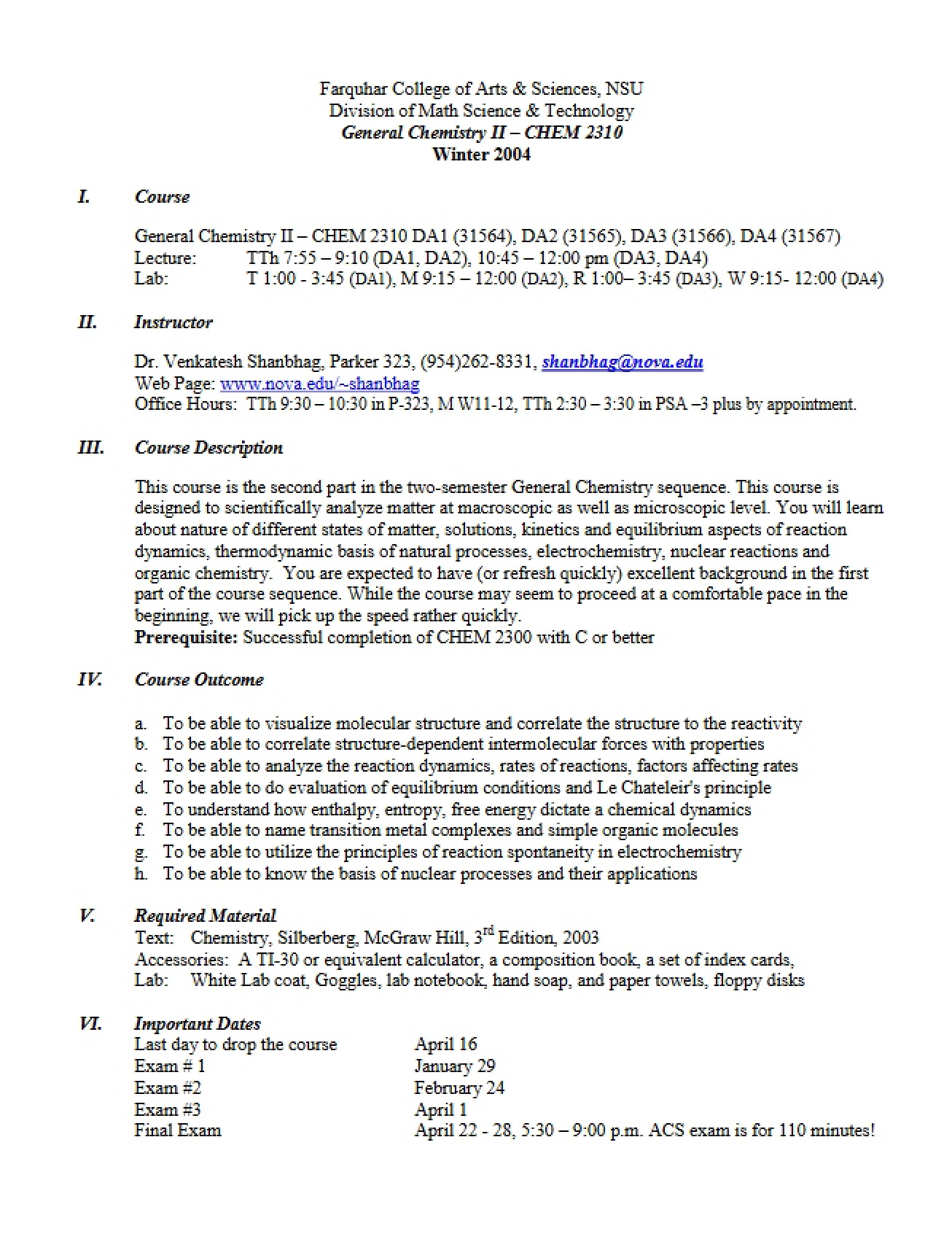 General Chemistry II Syllabus