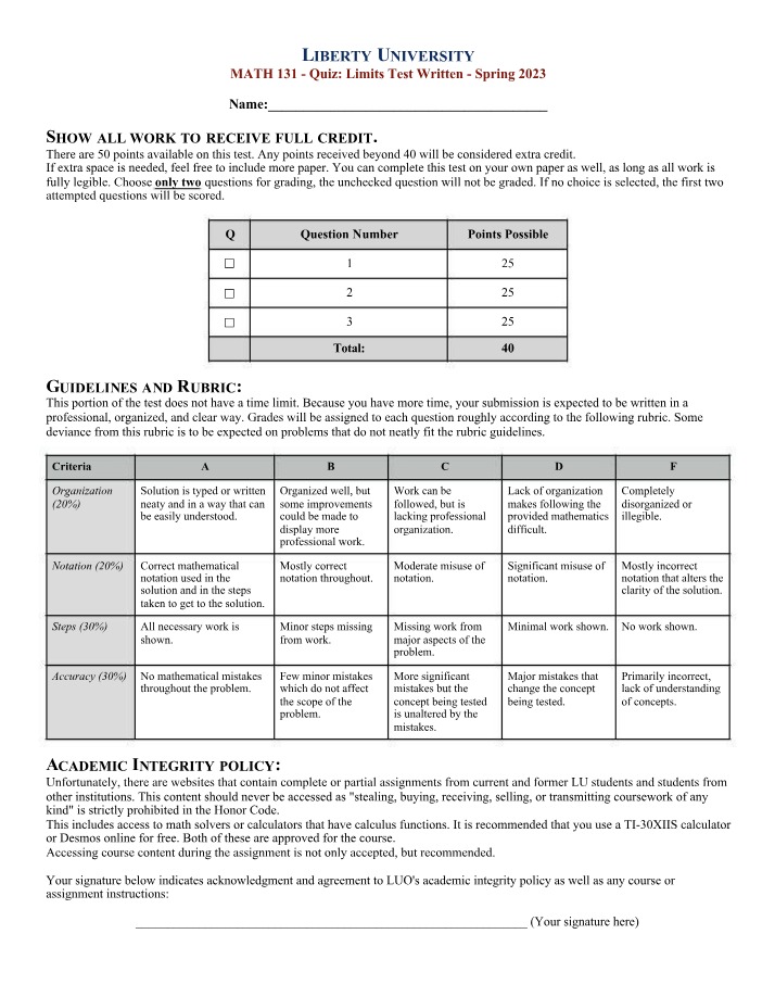 Written Limits Test - MATH 131 Quiz