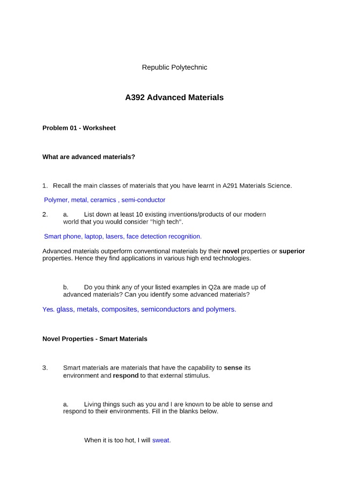Worksheet for A392 Advanced Materials