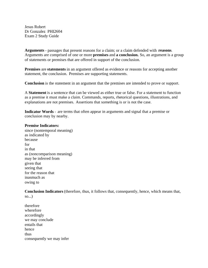 Study Guide for PHI2604 Exam 2