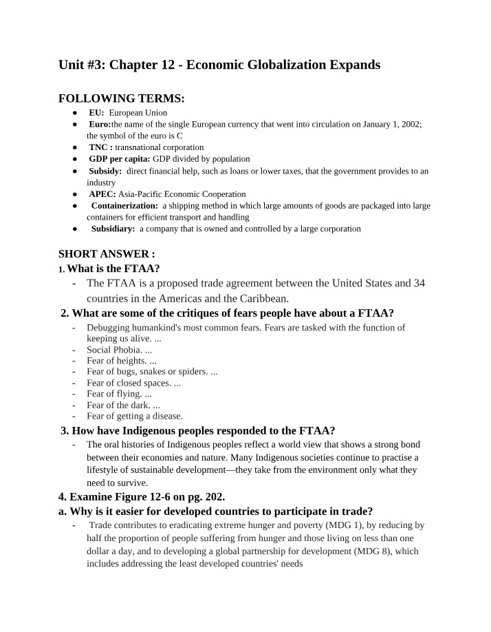 Economic Globalization Expands - Unit 3 Chapter 12