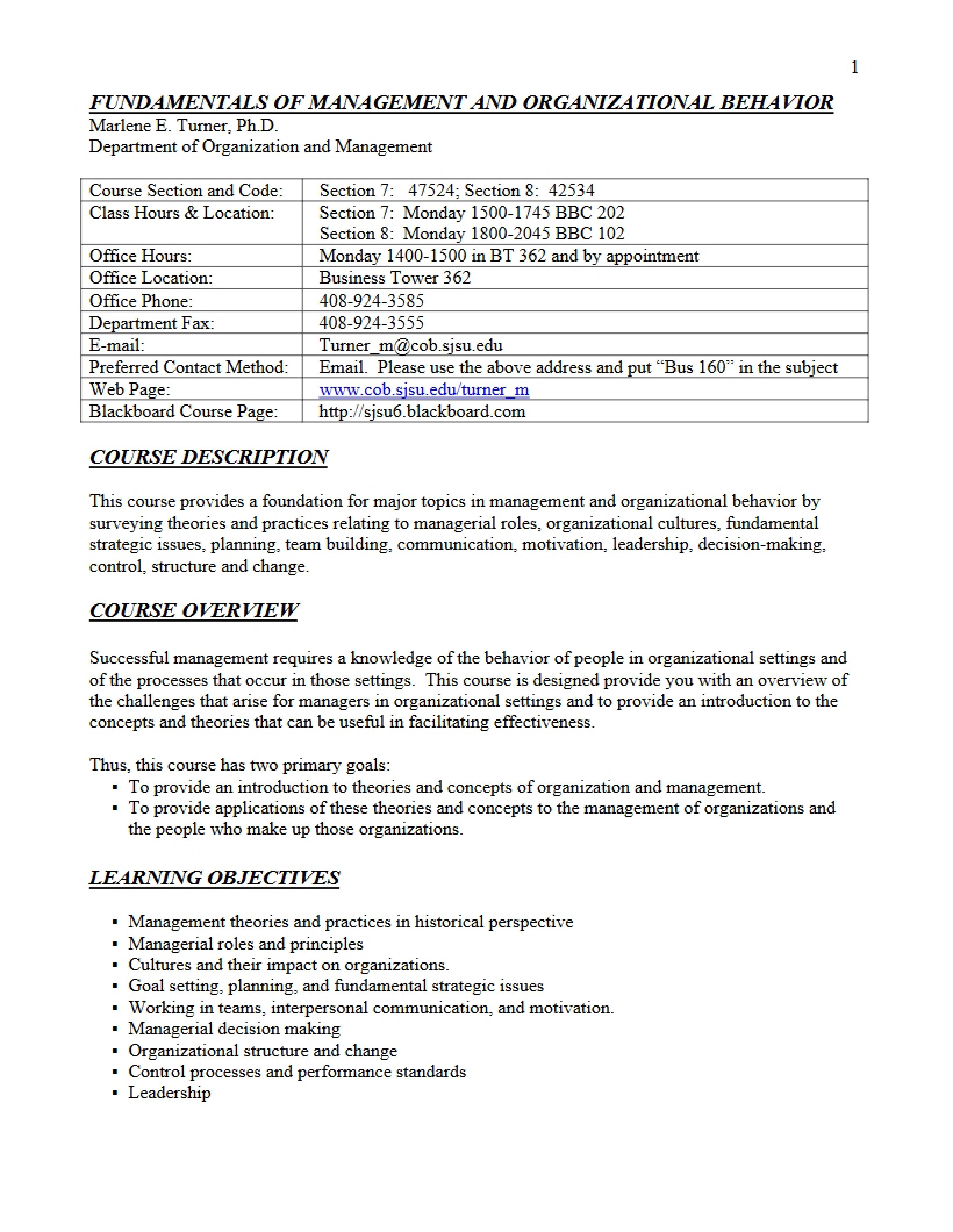 Organizational Behavior and Management Syllabus