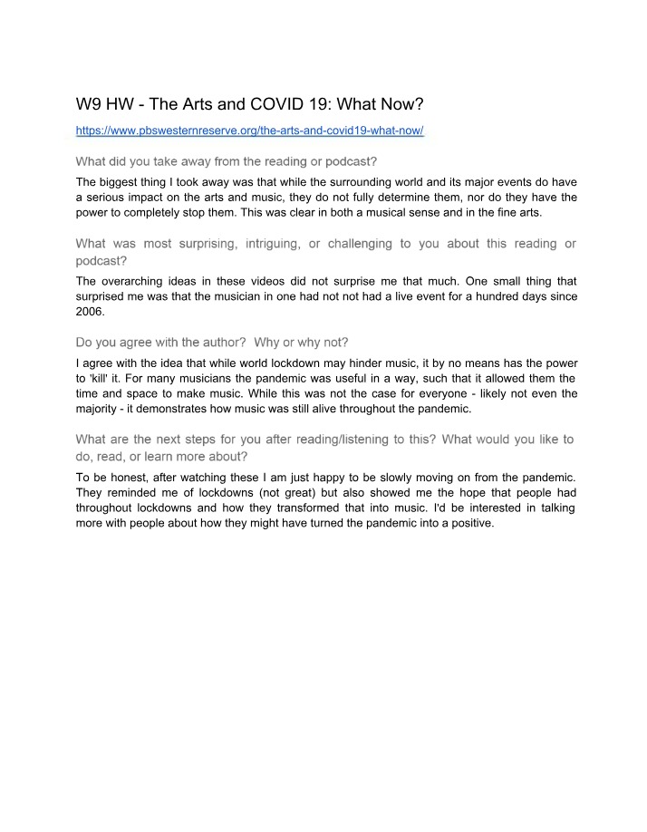 COVID 19 and the Arts - What Now (W9 HW)