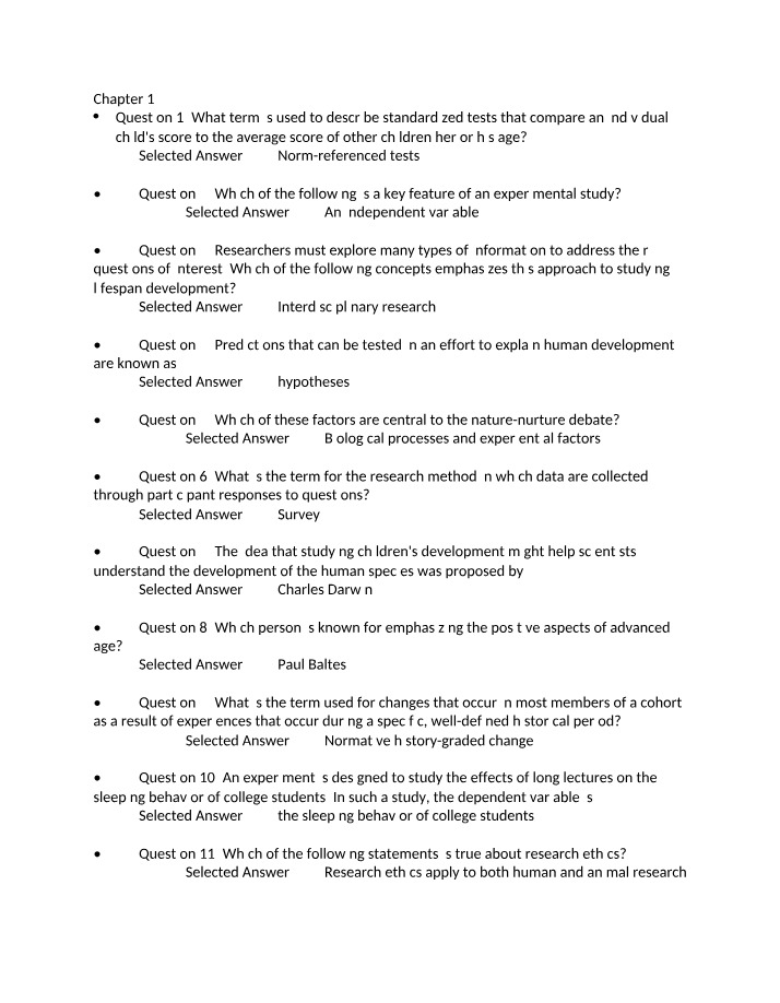 Psychology 12 - Practice Questions and Quizzes for Lifespan Development