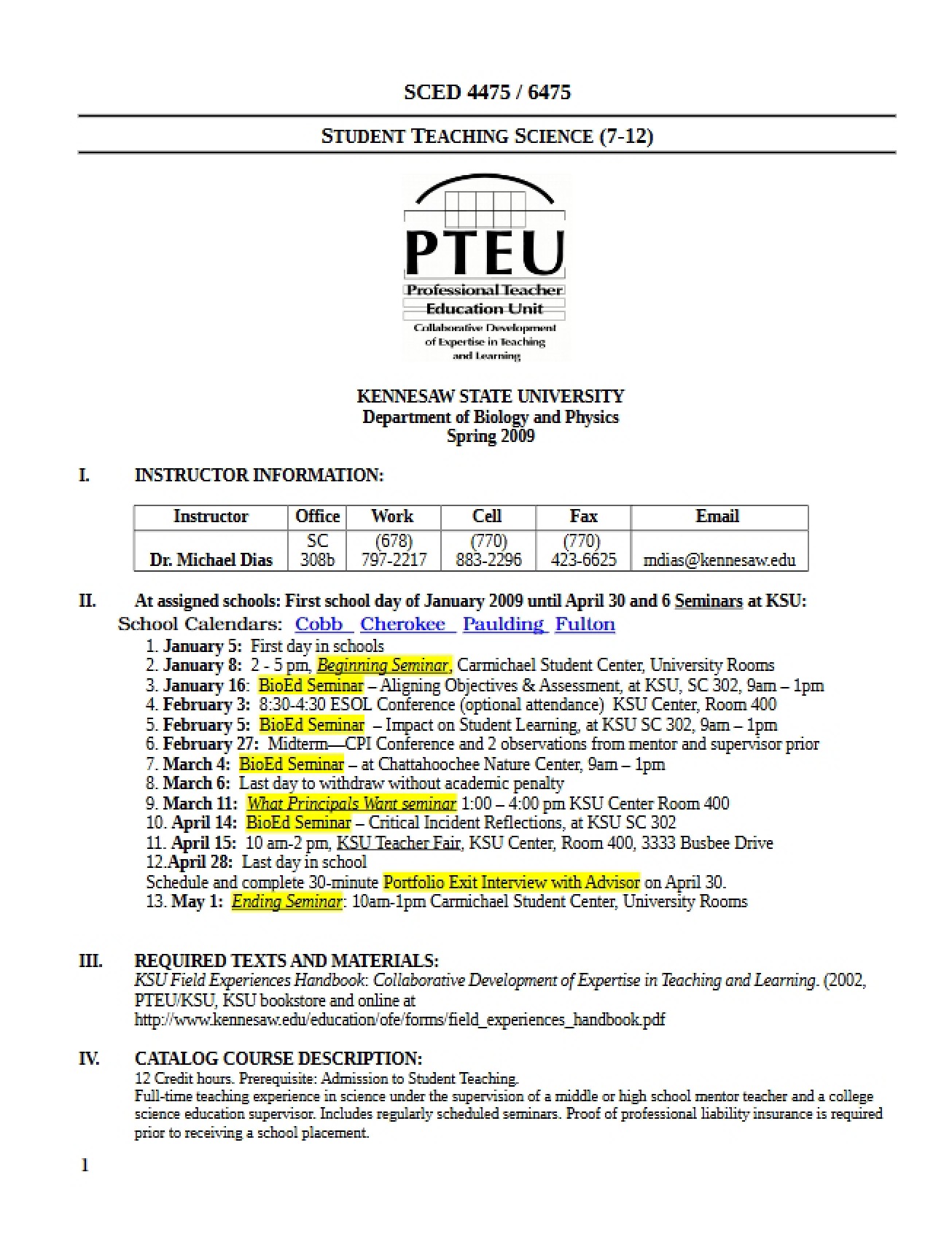 Official Course Outline for Student Teaching