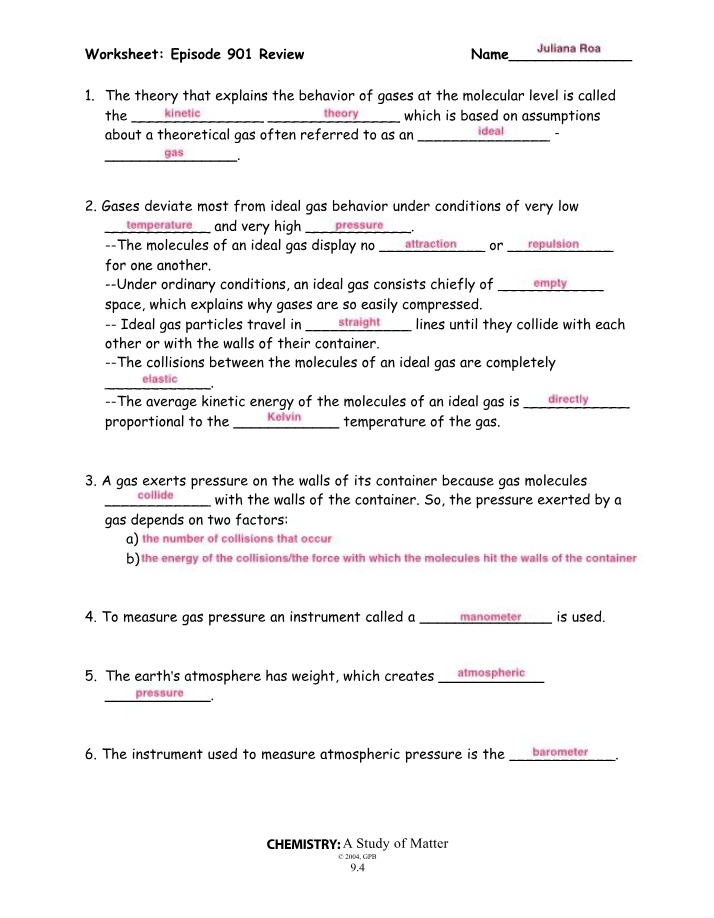 Worksheet on Kinetic Theory
