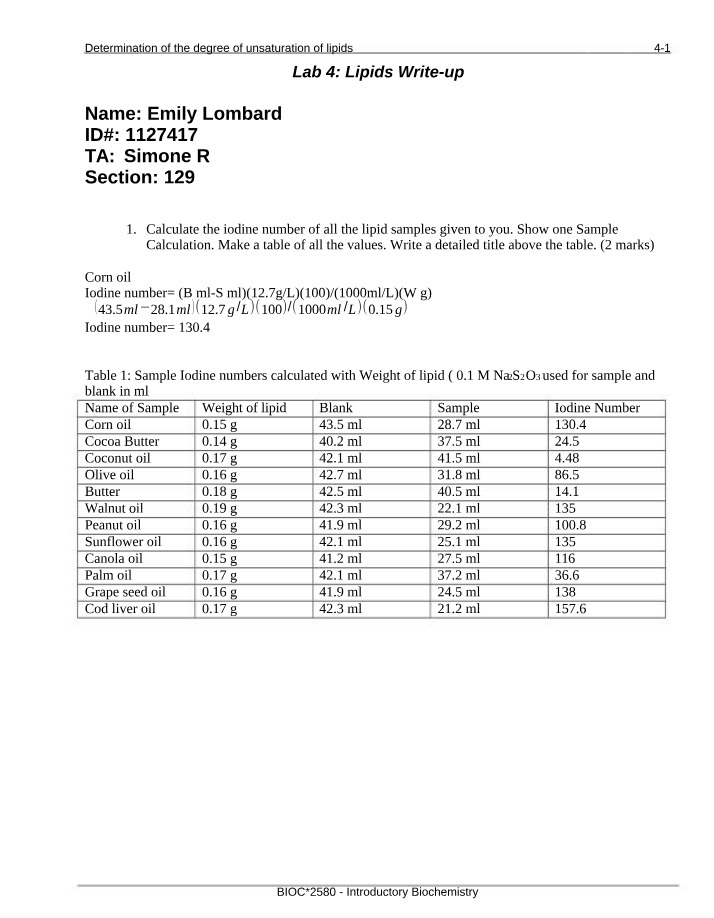 Calculating Iodine Numbers for Lipid Unsaturation