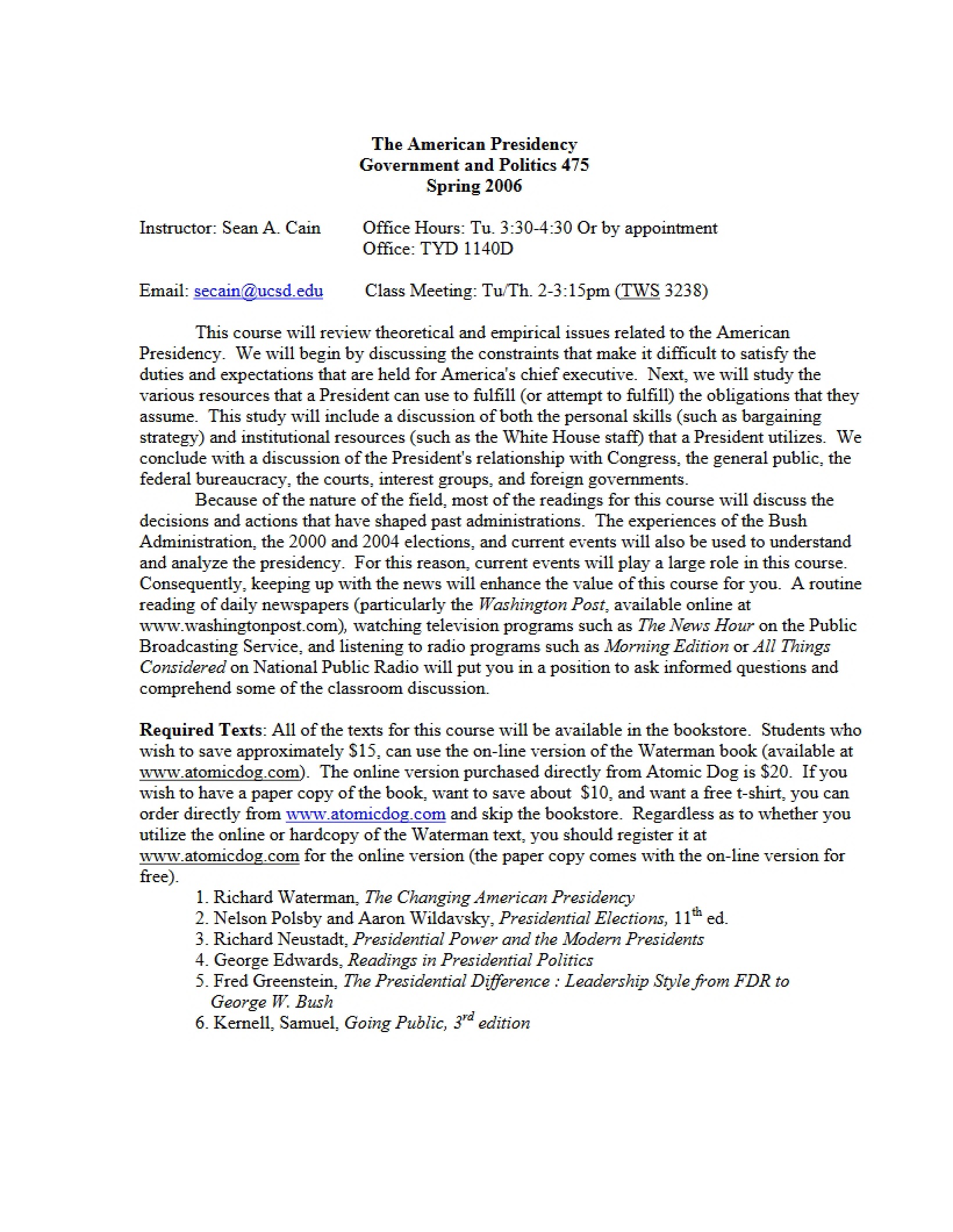 Presidency Course Syllabus