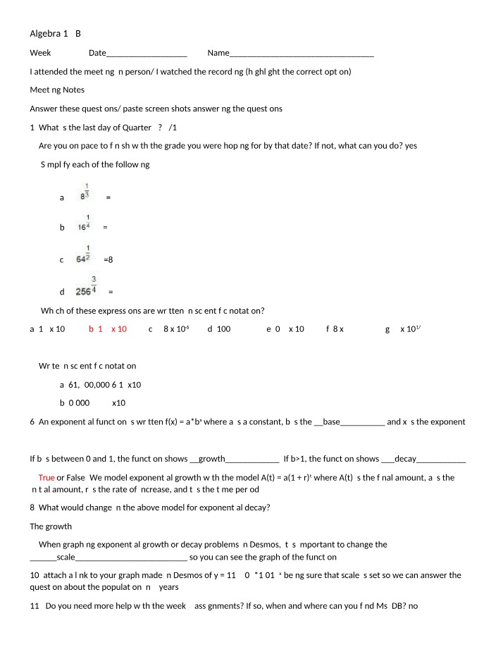 Meeting Notes for Week 7 (Algebra 1.5B)