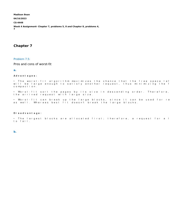 Worst-Fit Algorithm for Memory Allocation - Pros and Cons