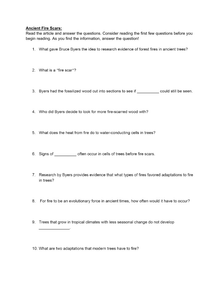 Worksheet on Ancient Fire Scars