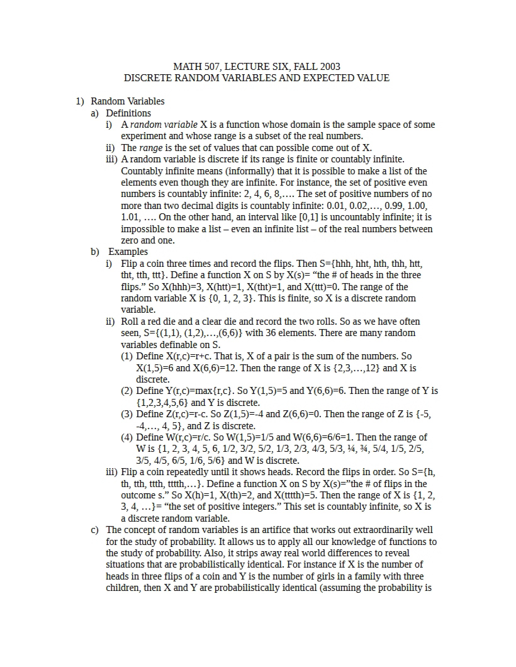 Expected Value and Discrete Random Variables (Lec 6)