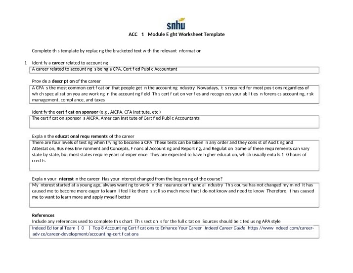 Worksheet for Module Eight