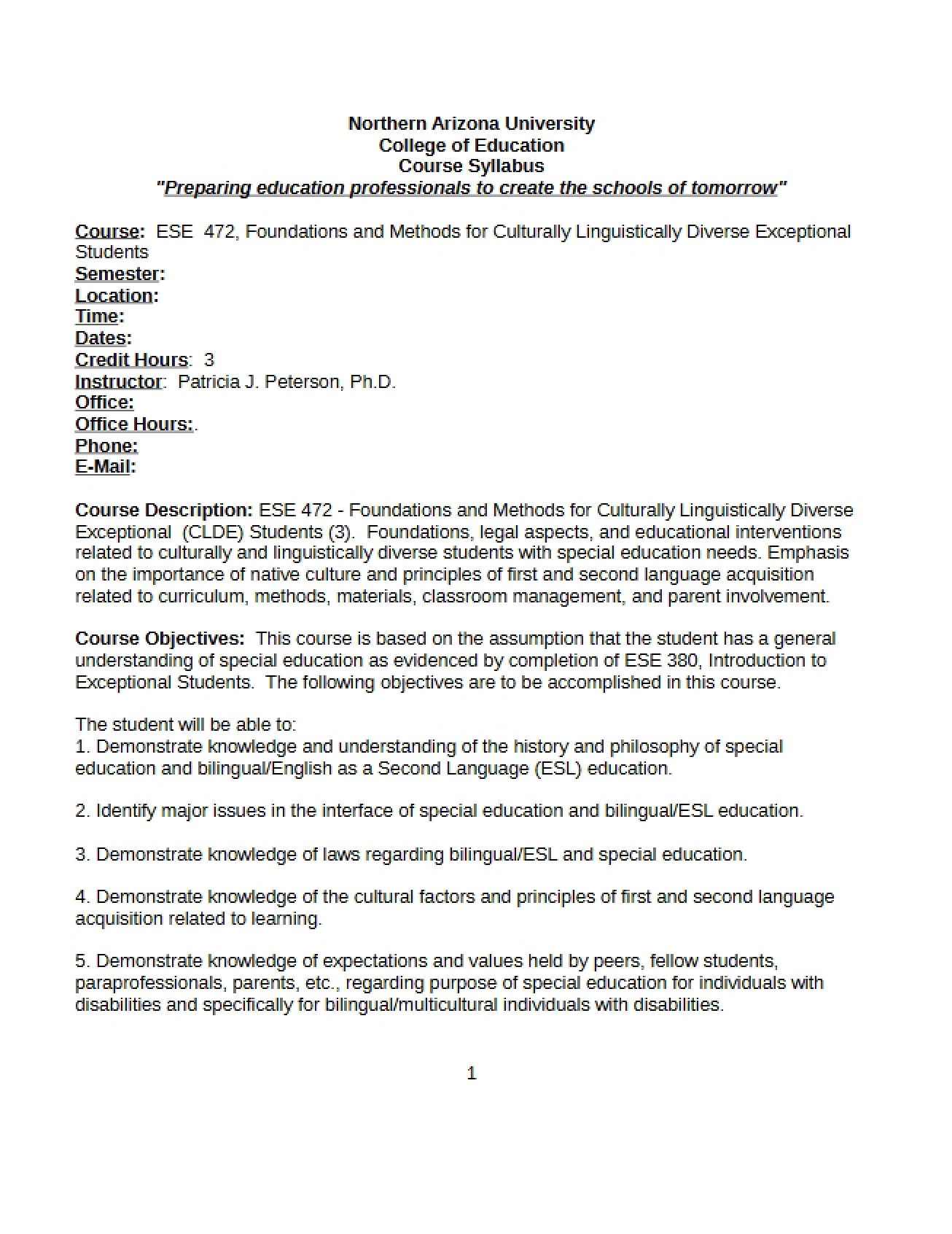 Diverse Exceptional Student Methods Syllabus