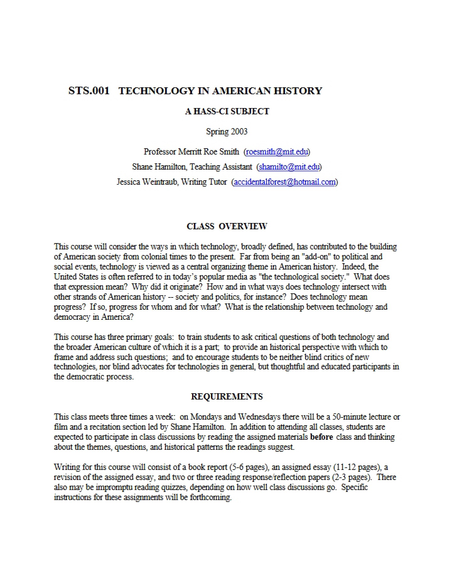 Syllabus for STS 001