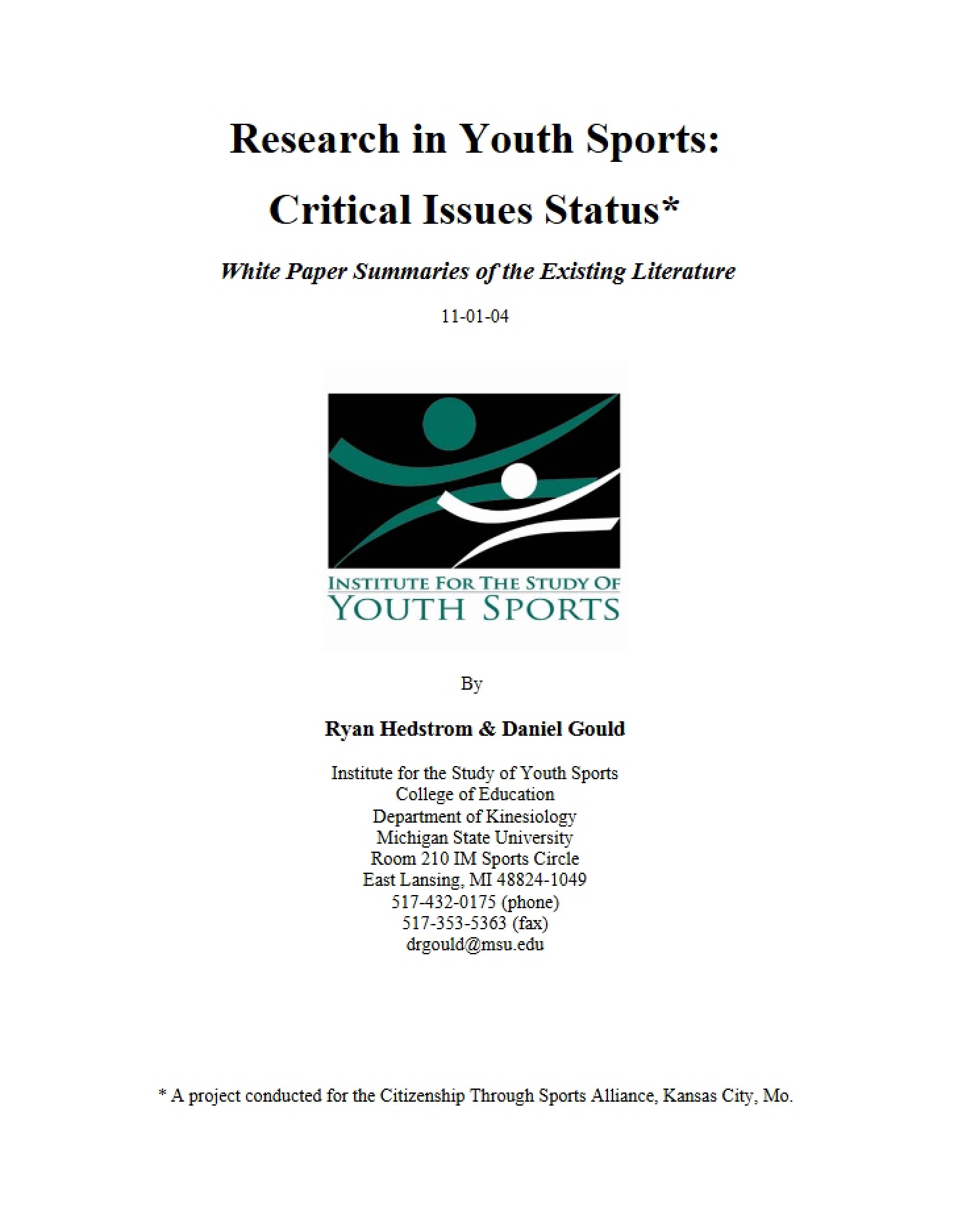 Youth Sports Research Critical Issues