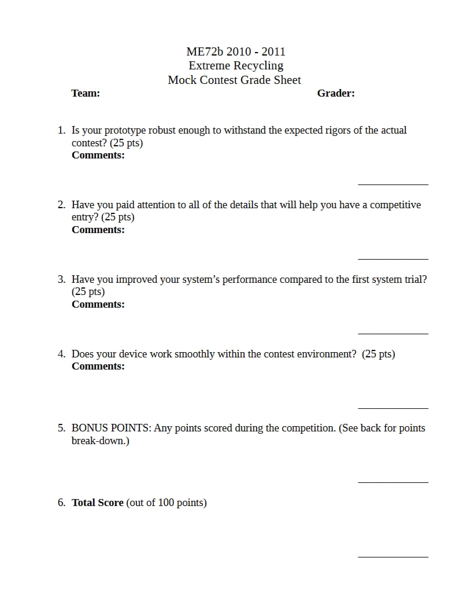 Grade Sheet for Mock Contest