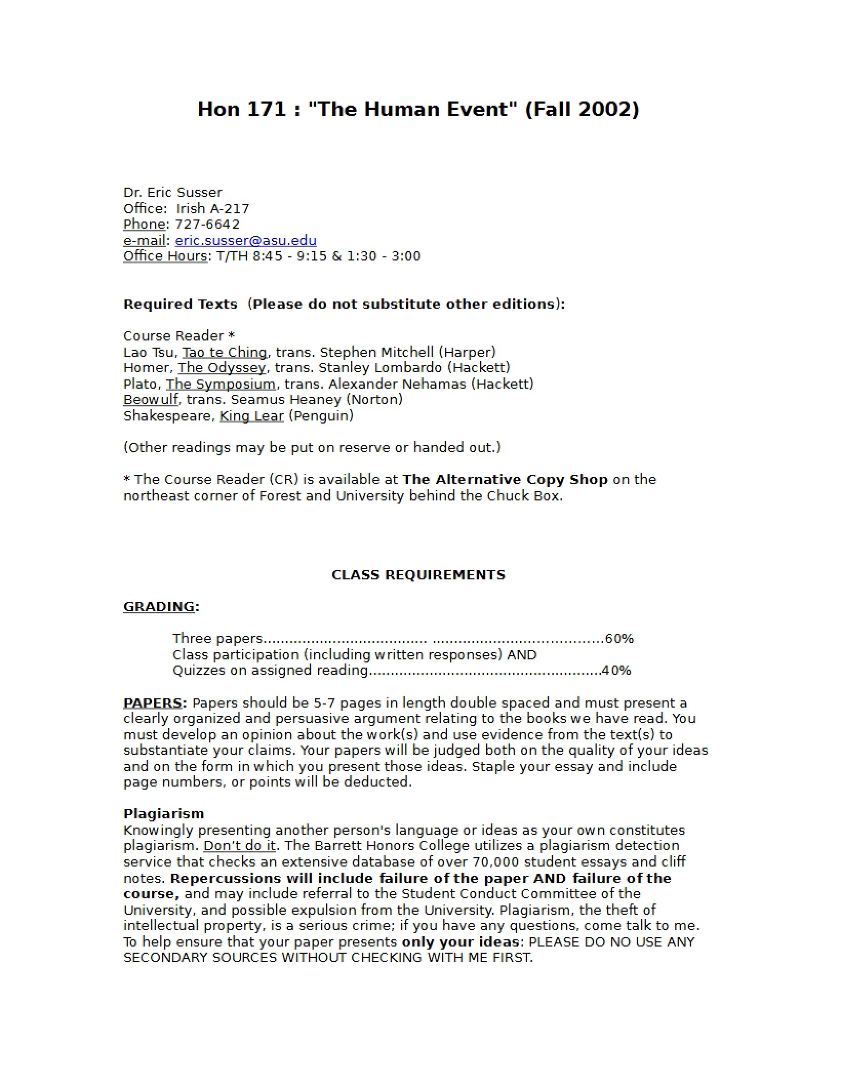 Class Syllabus The Human Event