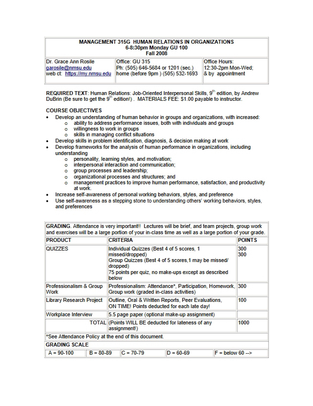 Syllabus for a Course on Human Relations in Organizations