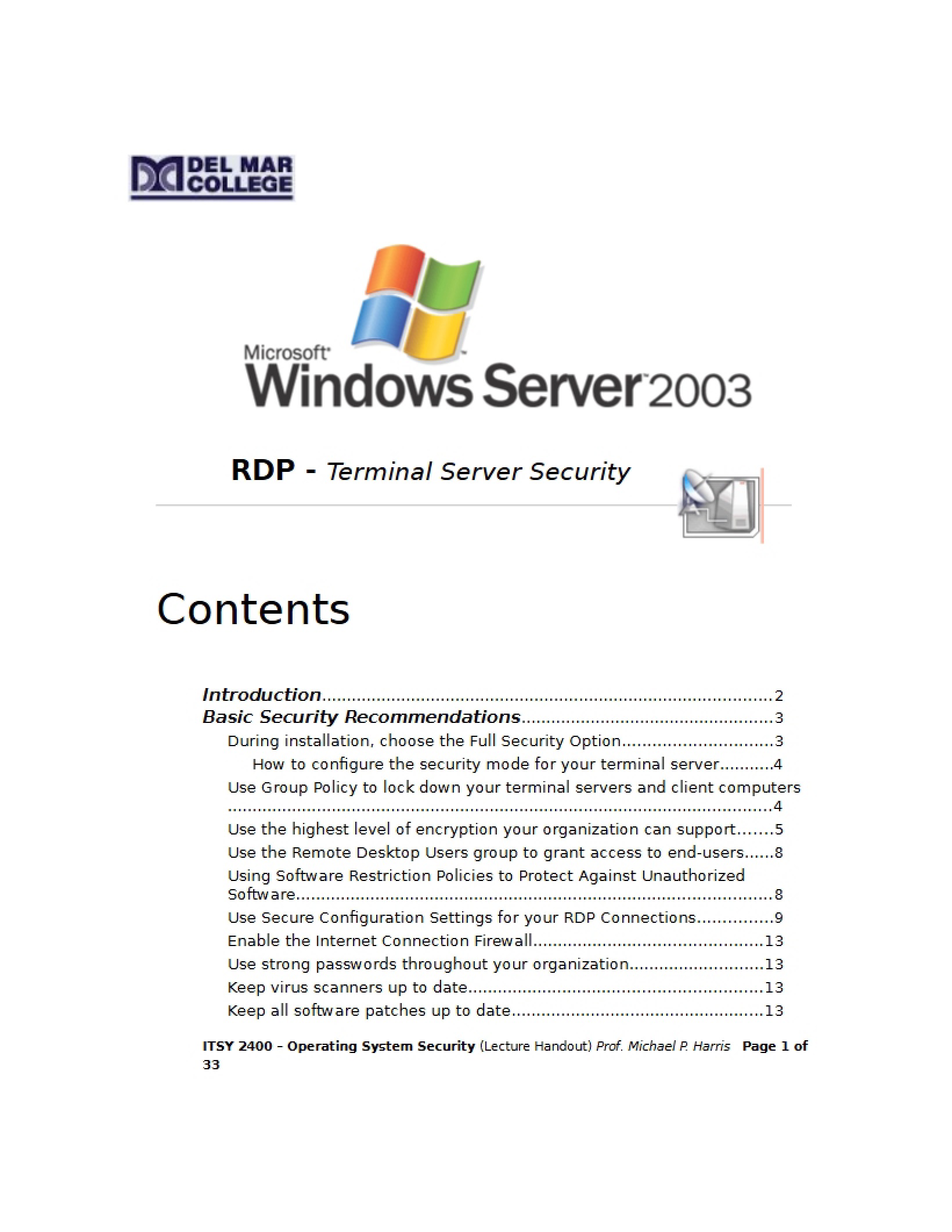 Security for Terminal Servers (RDP)