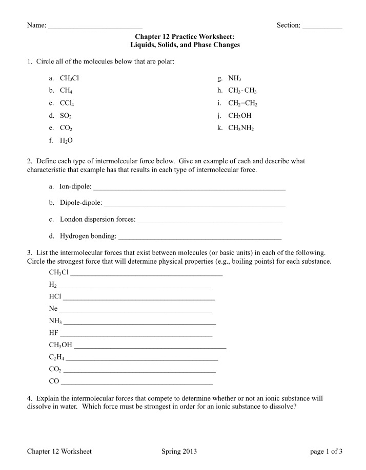 Practice Worksheet for Chapter 12