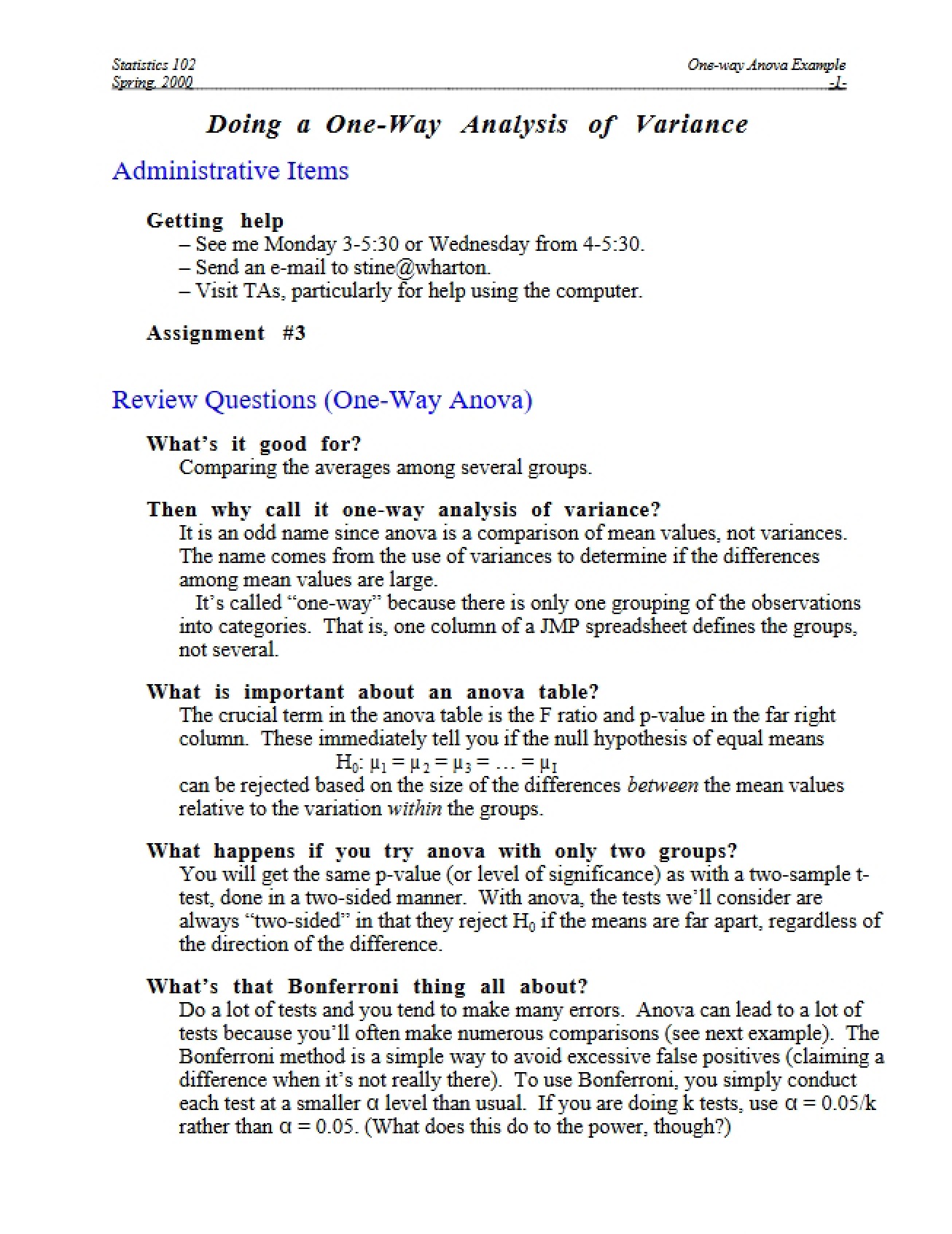 One Way Analysis of Variance