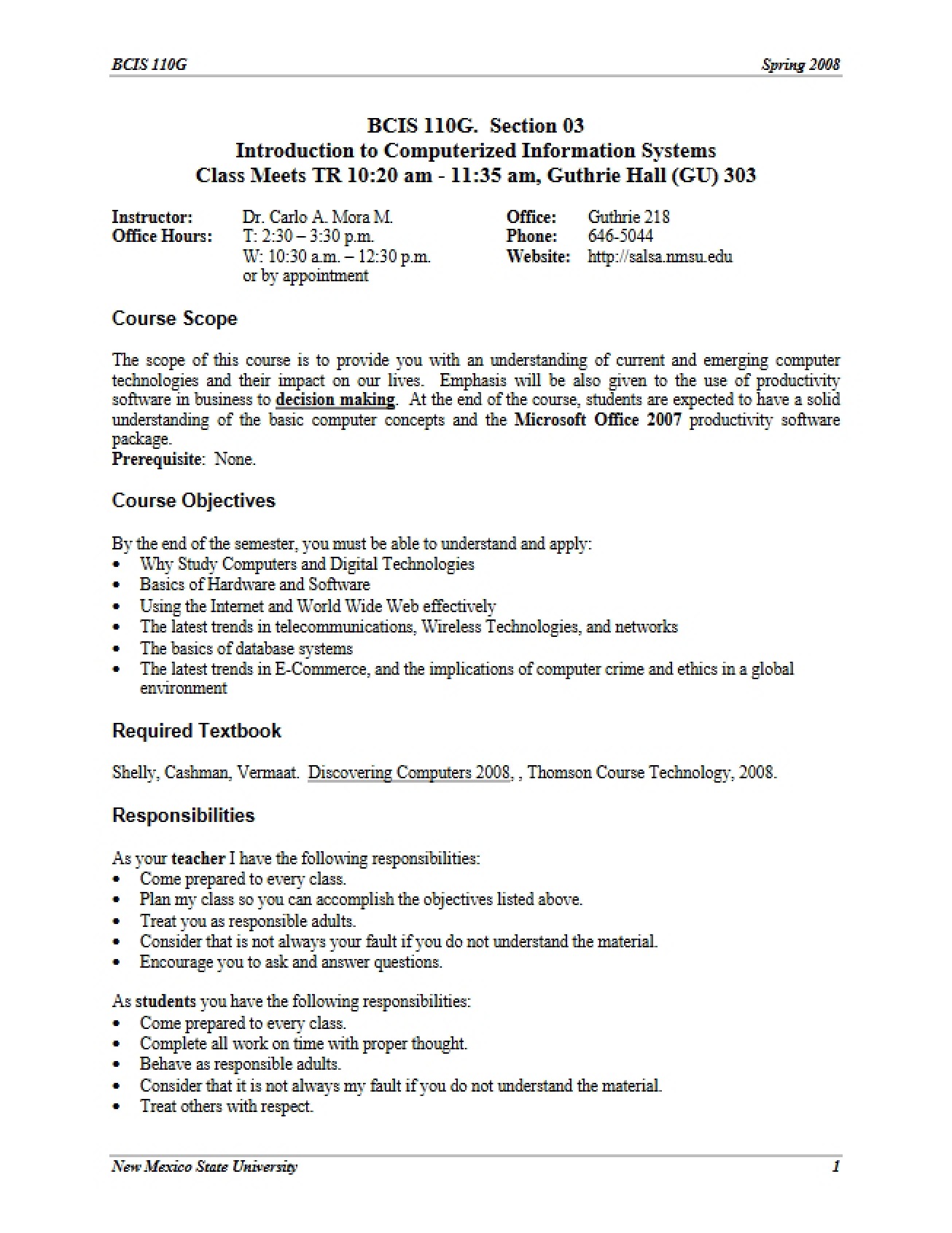 Revised Syllabus for Business Computer Information Systems