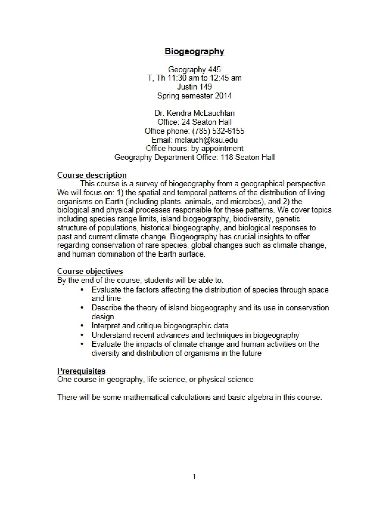 Syllabus for a Course on Biogeography