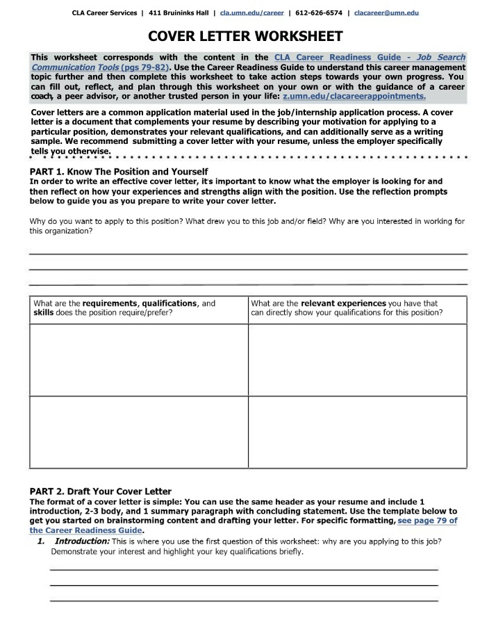 Worksheet for Cover Letters