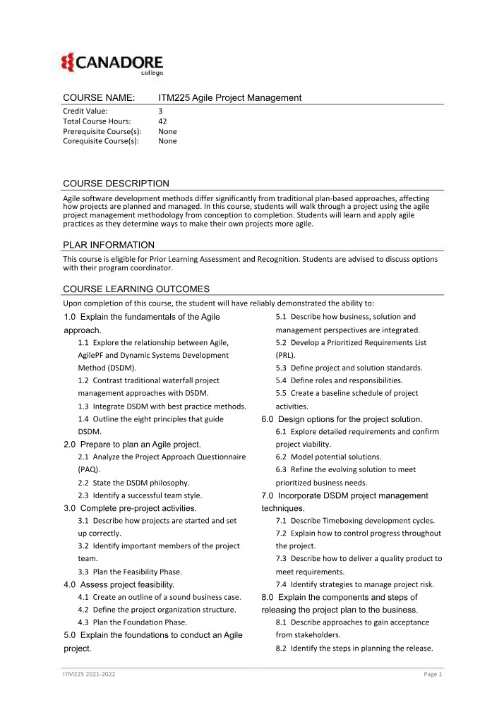 Agile Project Management Course Outline - ITM225