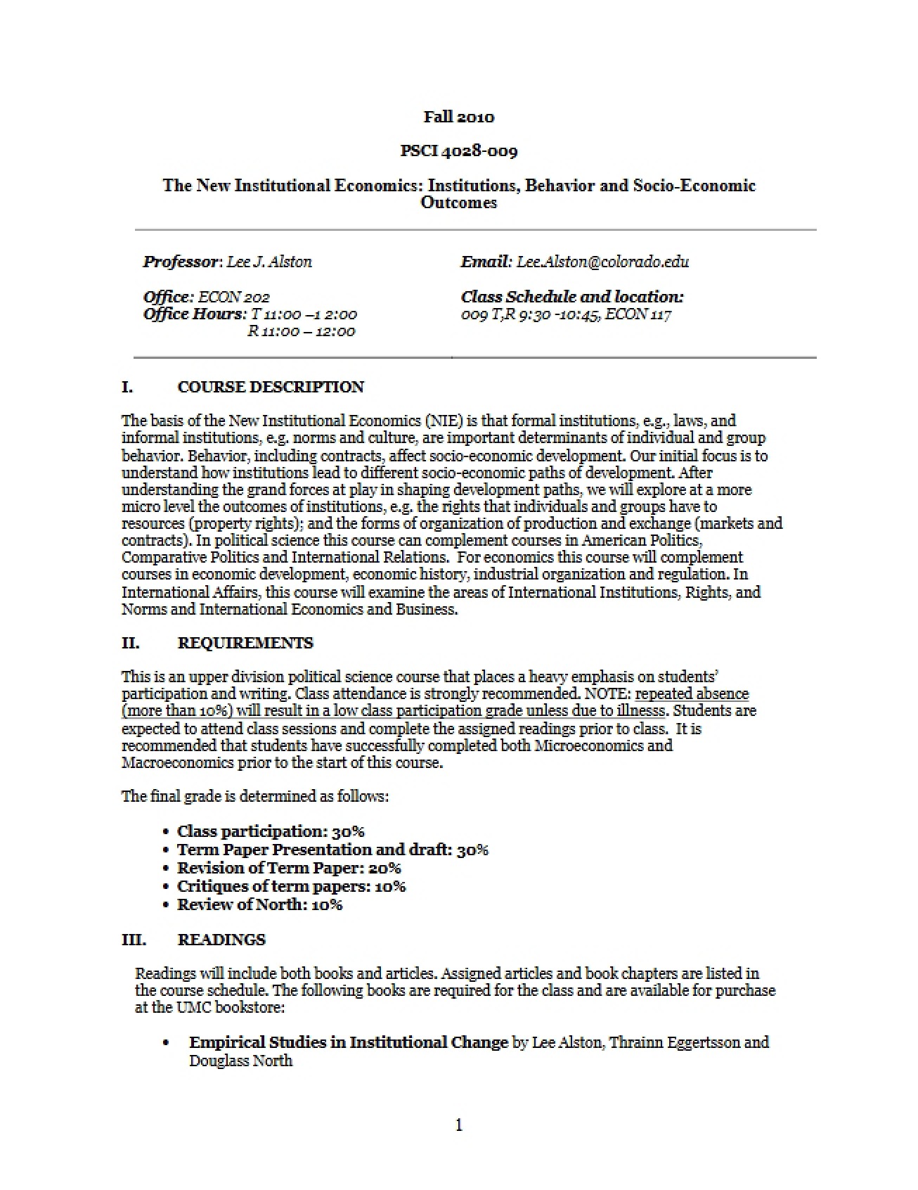 Syllabus for Special Topics in Political Science