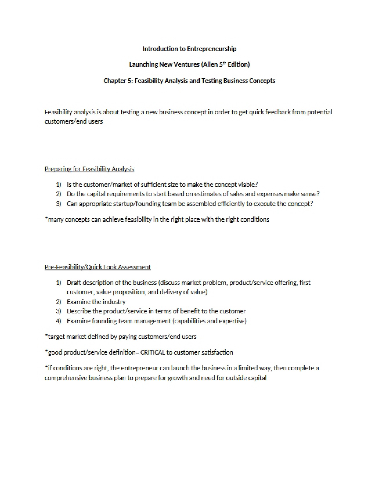 Analysis of Feasibility (Chapter 5)
