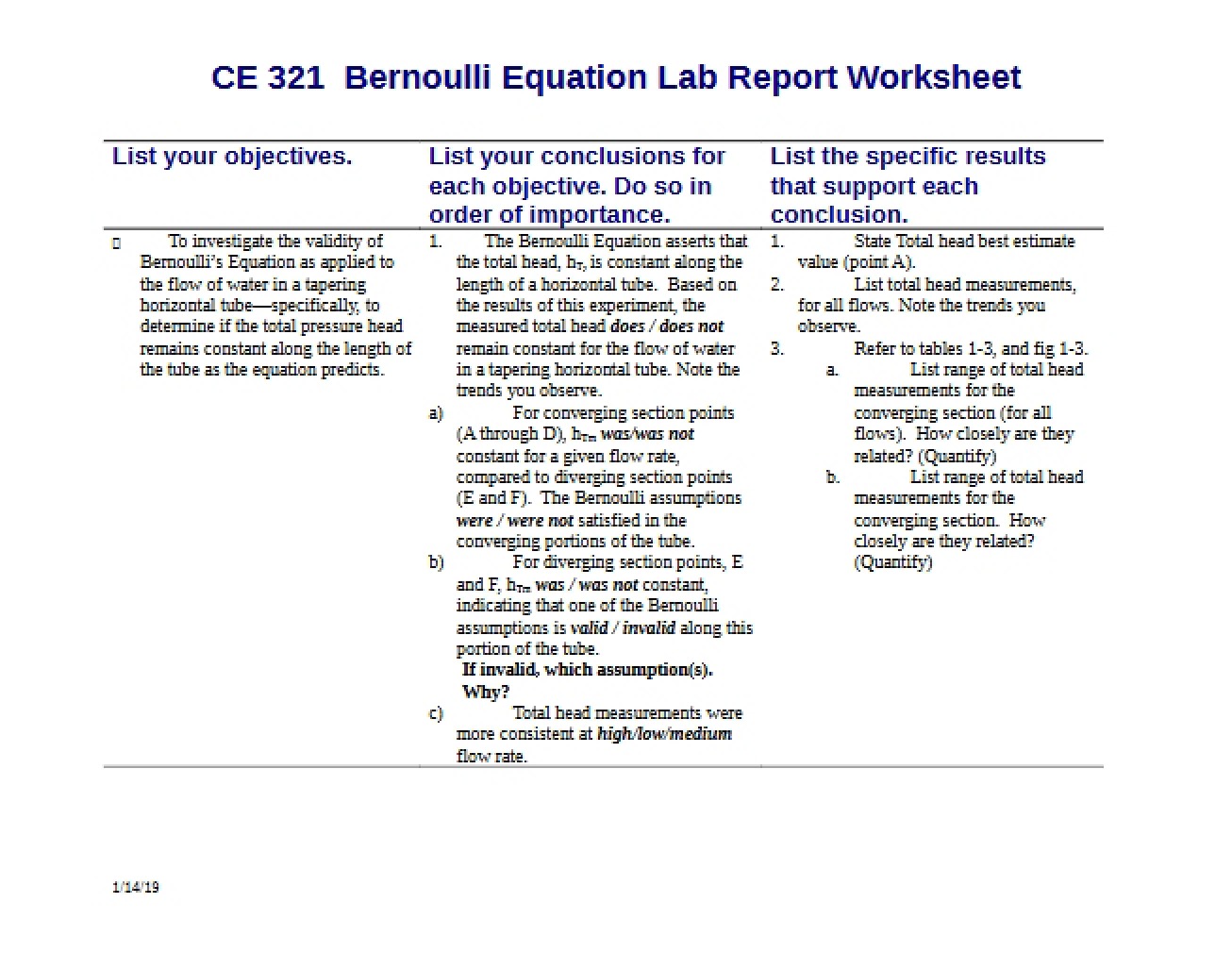 Worksheet for Fluid Mechanics